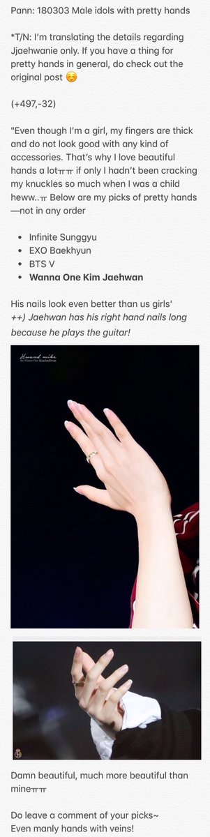 ntrd0527's tweet photo. Pann: 180303 Male idols with pretty hands

Link:https://t.co/hld0PTnBjC
Vote: (+497,-32)

#jaehwan #kimjaehwan #wannaone #김재환 #워나원 #คิมแจฮวาน https://t.co/dDzQZHsAeO
