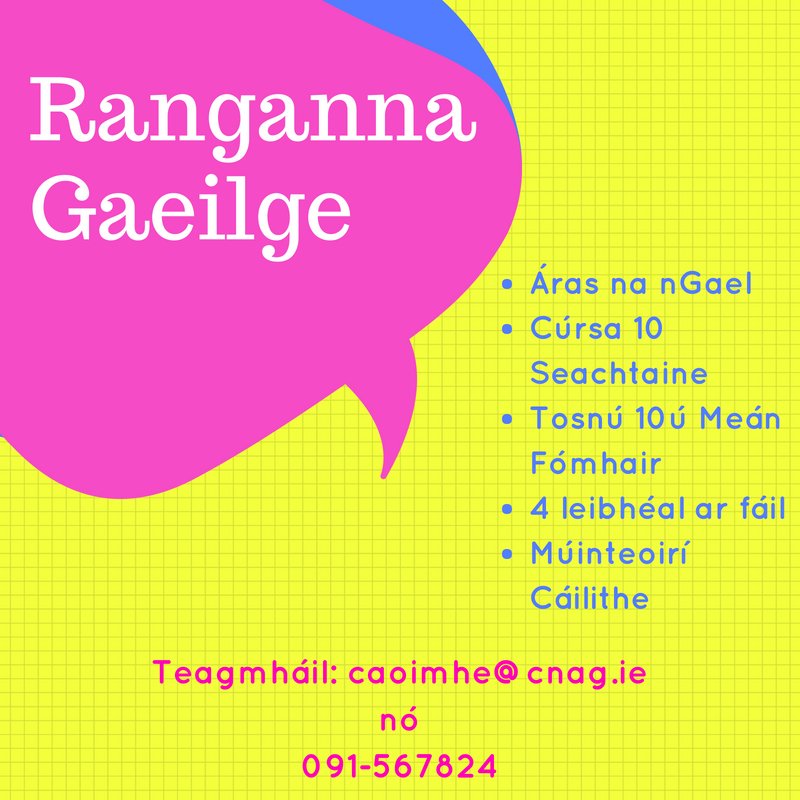 Ag lorg ranganna Gaeilge? Buail isteach chuig an oifig le clárú nó ar líne cnag.ie/ga/c%C3%BArsa%… 
MOCH18 - chun lascaine €15 a fháil go dtí deireadh na míosa seo😉