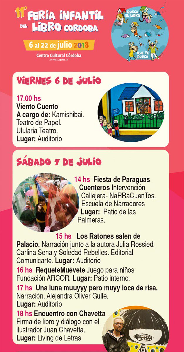 Largamos! 
El sector de venta y exposición de libros funciona desde las 11hs y hasta las 20. 
A las 17 los esperamos para inaugurar la programación con Ulularia Teatro. 
Las entradas para el auditorio se retiran GRATIS una hora antes de cada función en Mesa de entrada del #CCC