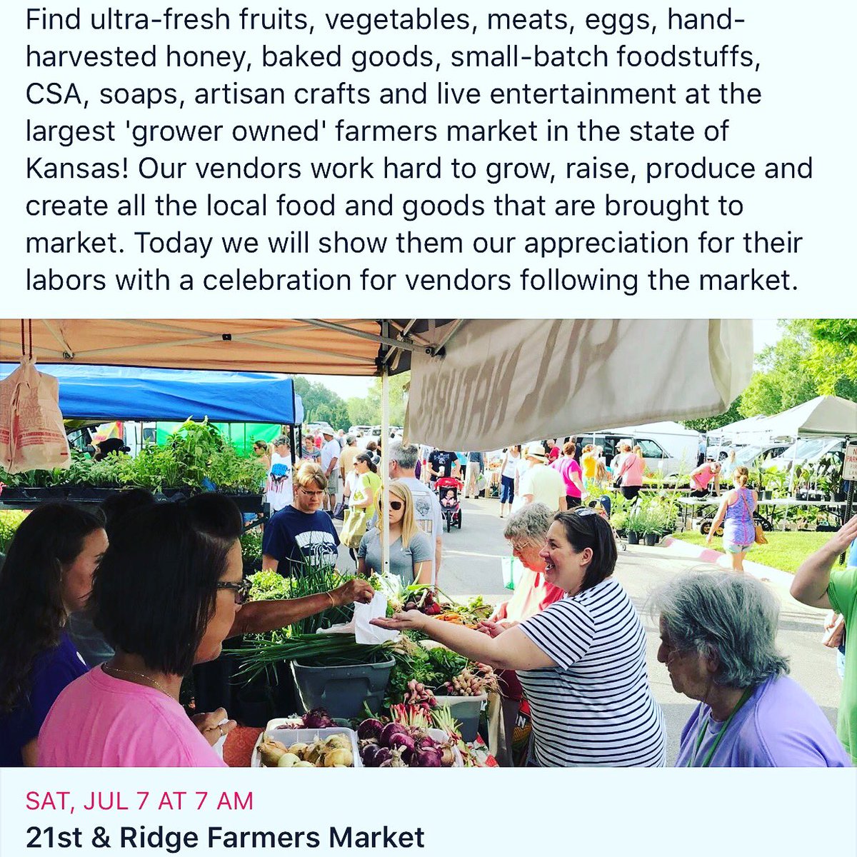 Visit us this Saturday 7am-12pm for a farmers market experience you won’t forget! #saturdaymorning #farmersmarket #farmtotable #homegrown #homemade #farmlife #kansas #food #fruit #vegetables #bbq #eggs #meat #salsa #jam #honey #bread #art #livemusic #foodtruck #clown #sampling