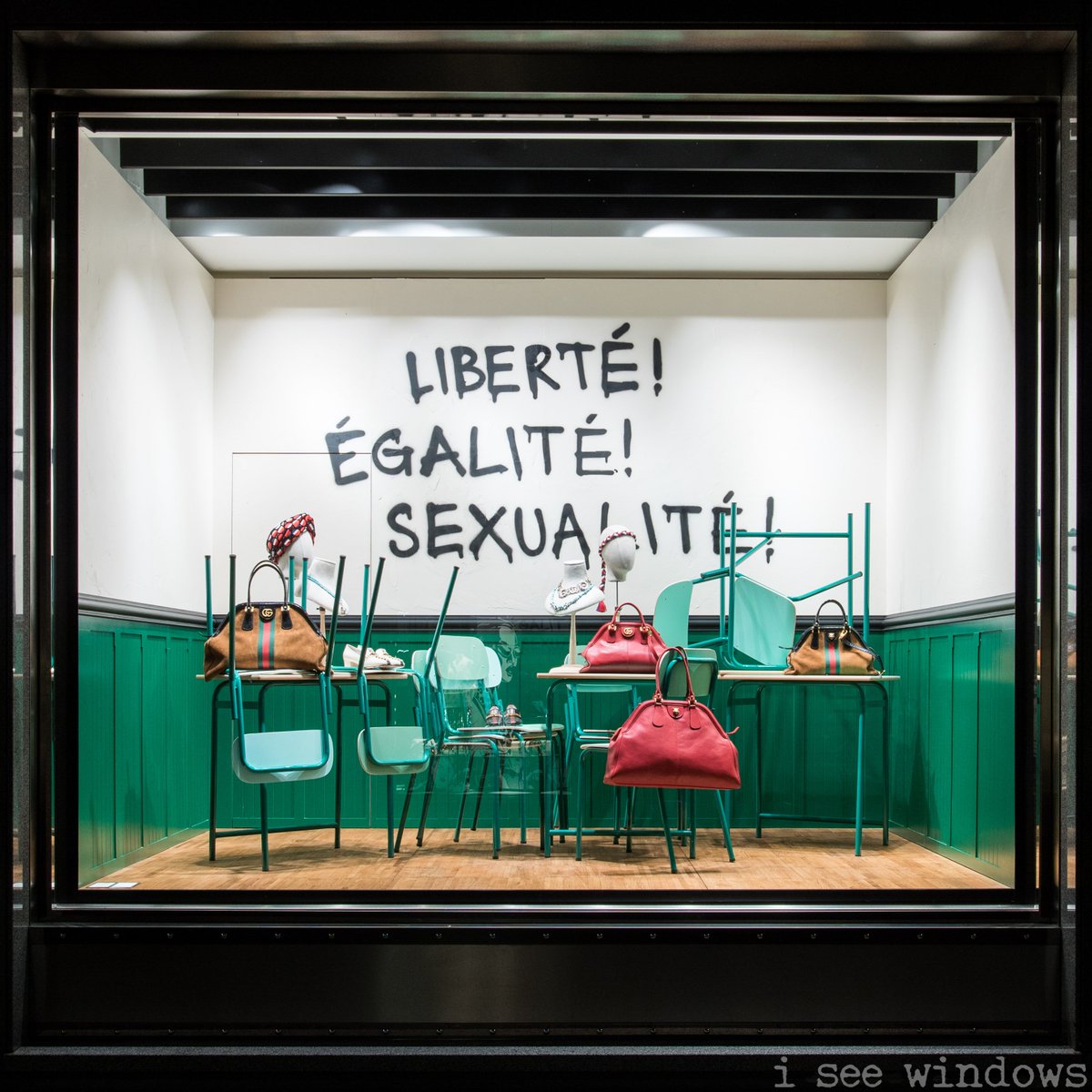 iseewindows's tweet photo. #liberté! #égalité! #sexualité! @gucci's latest #advertisingcampaign is cleverly recalled in this #prefall18 #windowdisplay #viamontenapoleone #milan. #iseewindows #windowscience #visualmerchandising #shopwindow #vetrina #escaparate https://t.co/TFuTBvGCHp