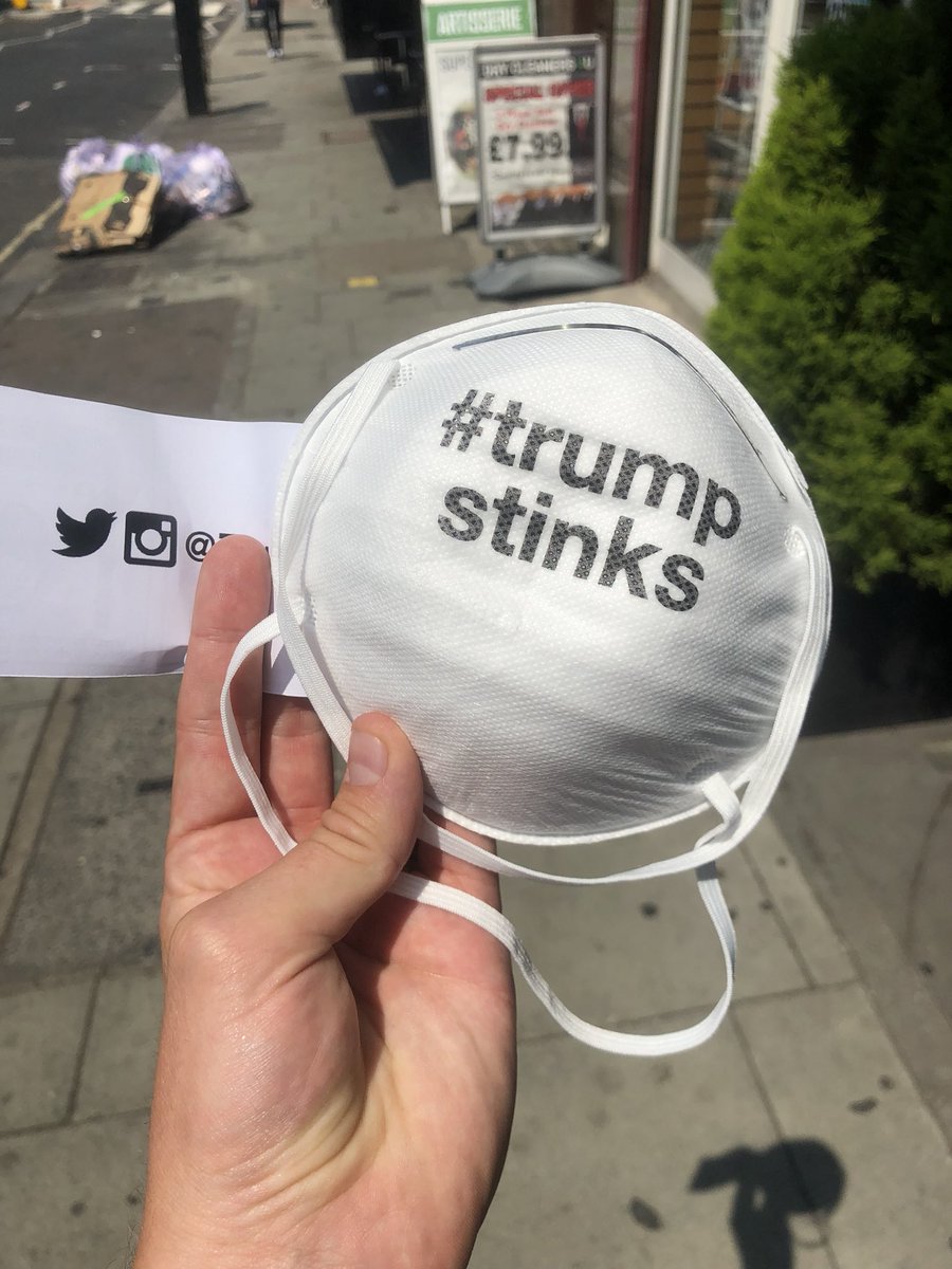 jamiemroberton's tweet image. Protesters already gearing up for President Trump’s visit next week, handing out #Trumpstinks masks. 

“We just want to let him know exactly what we think of him,” one organiser said
