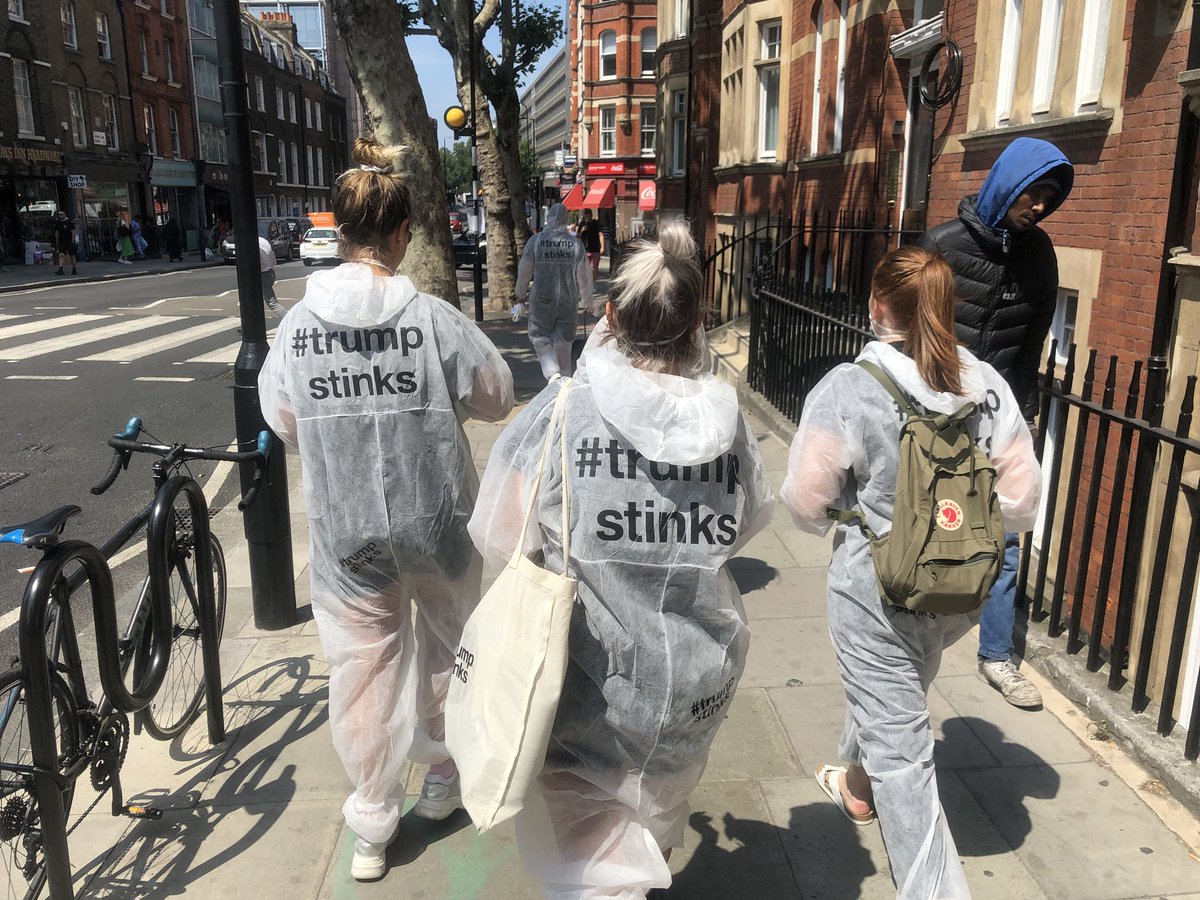 jamiemroberton's tweet image. Protesters already gearing up for President Trump’s visit next week, handing out #Trumpstinks masks. 

“We just want to let him know exactly what we think of him,” one organiser said