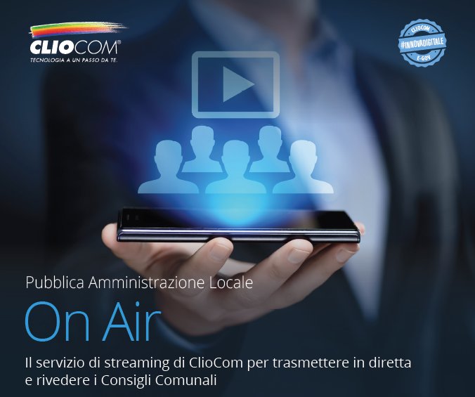 ON AIR è la soluzione innovativa progettata da #ClioCom
che rende possibile la trasmissione sul web in diretta
#streaming e la fruizione on demand
delle sedute consiliari, dei convegni e di tutti gli eventi
di interesse per il territorio: bit.ly/Streaming_On_A…