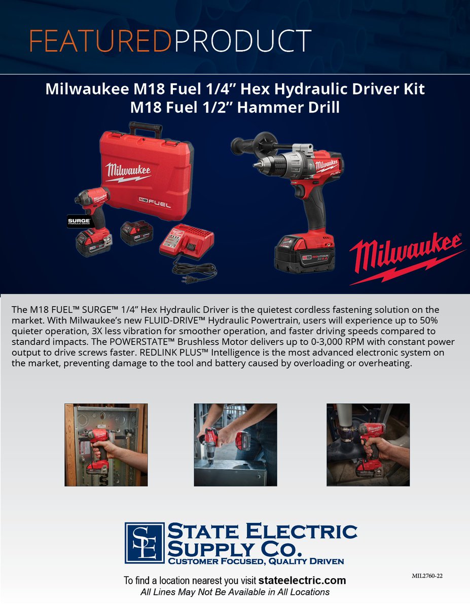 State_Electric's tweet image. The #featuredproductfriday this week is another promotion we are running with @MilwaukeeTool! If you buy an M18 Fuel Surge Kit you get a free Hammer Drill. #fpf #M18FUEL