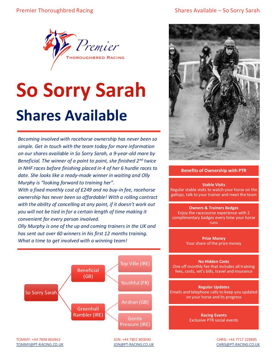 PTRacingLtd's tweet photo. Racehorse Ownership for just £249 / month with no hidden fees or buy-in... we have limited shares available in So Sorry Sorry, a 9-year-old mare in training with @O_J_murphy91! 
Get in touch with the team for more information!
#FunAffordableOwnership https://t.co/Uo25x4I0d8
