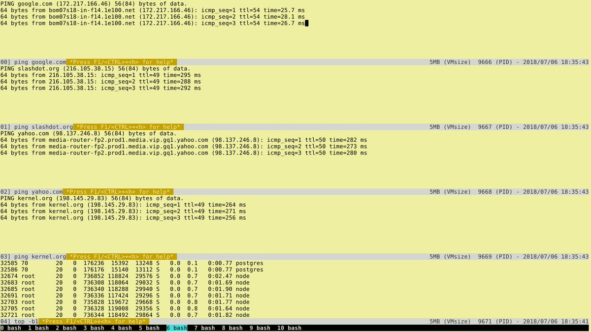 curioman2's tweet image. $  sudo apt-get install multitail
Multitail is a nifty tool that allows you to look at multiple log files and/or command outputs at once. Many advantages over tail, like highlighting and timestamps across all windows. 'h' shows help.
#linux #unix #software @climagic @nixcraft