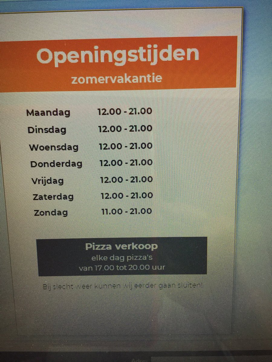 Nieuwe openingstijden en alle dagen open voor ijs en pizza’s tijdens de zomervakantie vanaf nu tot eerste weekend september.