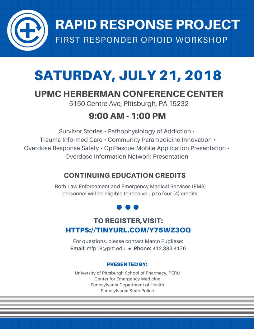 ATTENTION: First Responders and EMS

Please Register for the Rapid Response Project: Southwest PA Opioid Workshop 

pitt.co1.qualtrics.com/jfe/form/SV_eu…