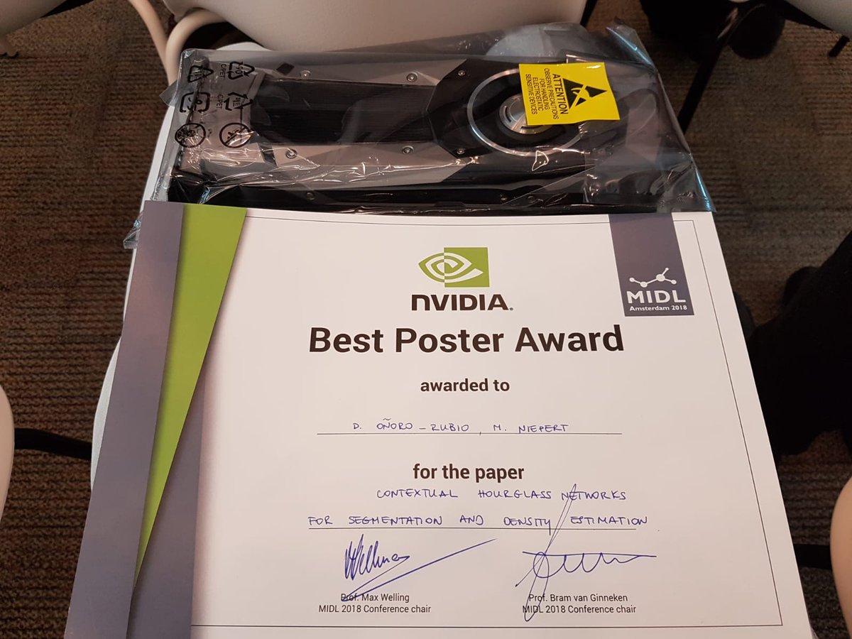 Mniepert's tweet photo. We won best poster award at @midl_amsterdam! Contextual hourglass networks create shortcut connections between layers with different spatial dimensions, tying movement of two filter banks. Applicable to U-Net, V-Net, etc. Simple but elegant. Congrats @Daniel_Onoro! #midl2018 https://t.co/vJrJB1fmj6