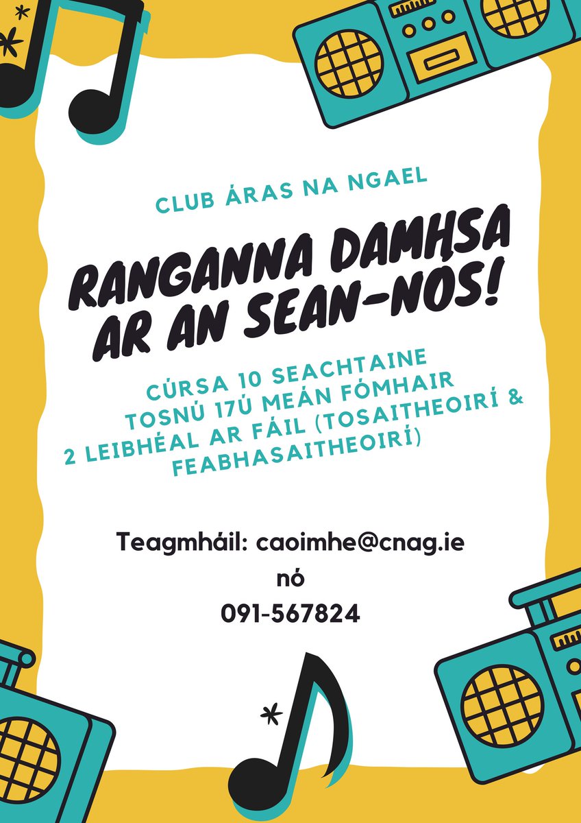 Ranganna Damhsa ar an Sean-nós ar fáil i mí Meán Fómhair! Gach eolas ar an bpóstaer. Glaoigh isteach chuig an oifig le clárú nó ar líne cnag.ie/ga/c%C3%BArsa%… 
MOCH18 - chun lascaine €15 a fháil go dtí deireadh na míosa seo💪