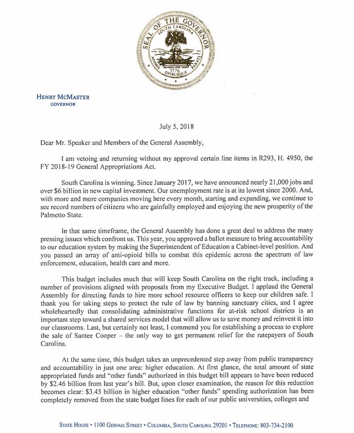 Phil_Hamby's tweet image. The Governor&apos;s veto message has been issued - press conference at 11am this morning.
scstatehouse.gov/sess122_2017-2… #SCGeneralAssembly #SCbudget