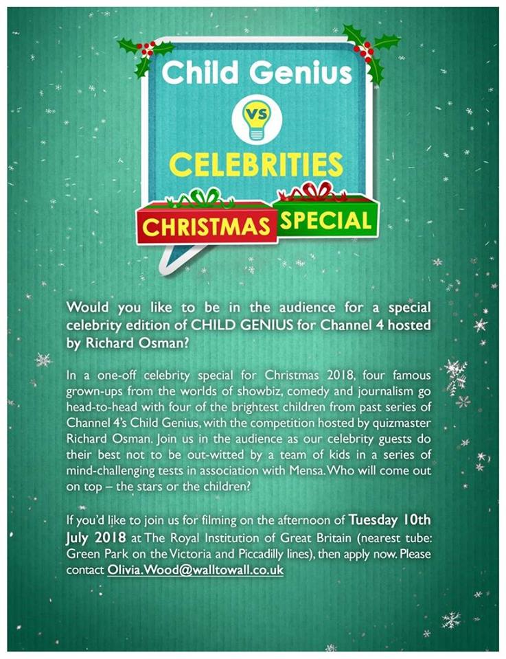 Want to be in the audience for our festive celebrity special of <a href="/childgeniusuk/">Child Genius UK</a>? Here are all the details you need!