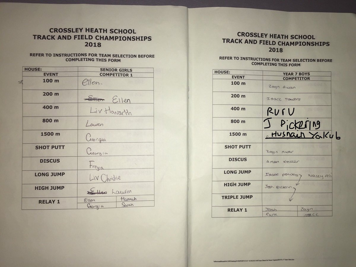 Porter__House's tweet photo. Here are the teams and events for Sports day on Monday 9th July, All competitors must meet at Sports Hall at 8.30pm dressed in correct PE kit. Do Not go straight to the track. Field Events, 800m &amp; 1500m am, track and relay pm. Good luck to everyone and let’s get the win🥇🥇🥇 https://t.co/DdsLuO0VCr