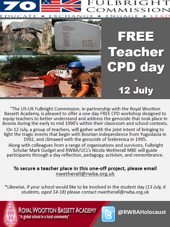 RWBAHolocaust's tweet photo. A week til T&L about Bosnia FREE #CPD day @RWBAcademy, featuring @CoachGudgel @safet_v @HNHeducation #KennethMorrison. Limited spaces available. Book now: nwetherall@rwba.org.uk Pls RT @hmd_uk @ChallengePartnr @SrebrenicaUK @NorthWiltsSCITT @RWBAT_TSA @WomenEdSW @DrJMSmith https://t.co/LiXW2Movun