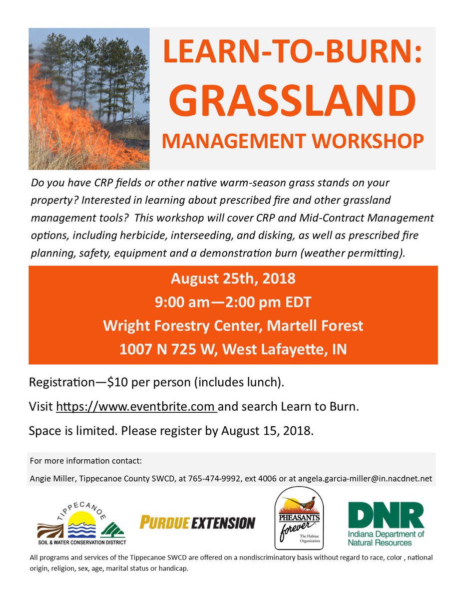 Check out our upcoming LEARN-TO-BURN: Grassland Management Workshop! Register at eventbrite.com
 #PurdueExtension #pheasants4ever #INFishWildlife