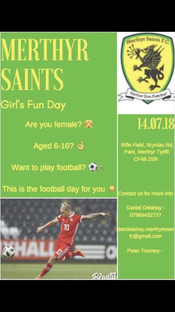 5-16 years of age 
Looking to play football for a team in the Merthyr area
This could be the Day for you? 10am - 1pm ⚽️⚽️☀️☀️