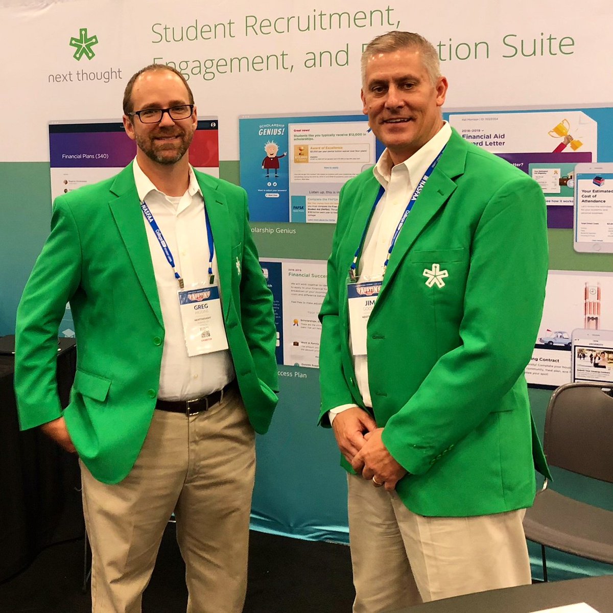 nextthought's tweet photo. When green blazers become the defining fashion statement of 2018, remember you saw it here first. 😎 Greg Higgins & Jim Goodin last week at #NASFAA2018.
#financialaid #education #associations https://t.co/83m0yBEYJT