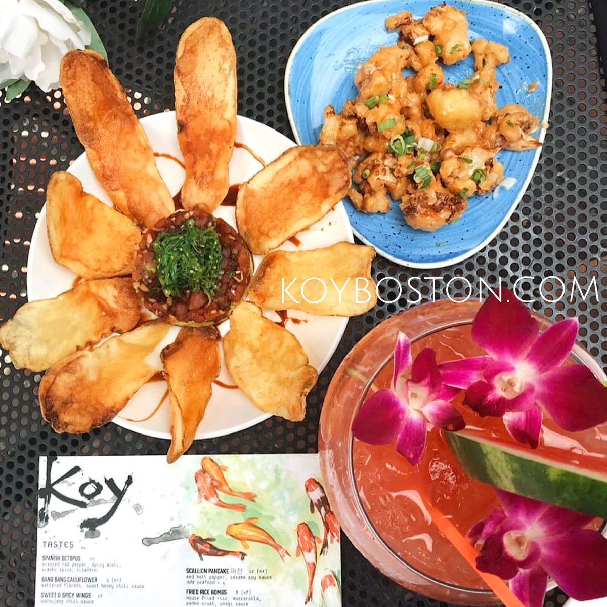 We aim to feed both your eyes &amp; your stomach. Try out our delicious appetizers &amp; shareable soju infusion bowls today! Book a table @ koyboston.com now!

—

📷 Pictured: Bang Bang Cauliflower, Tuna Tartare, Watermelon Soju Infusion Bowl (shareable).
📸 PC: @bostoneaaaats