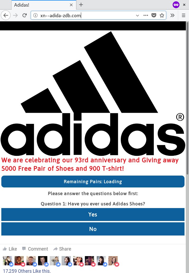pluribus_one's tweet photo. If you want to buy some @adidasoriginals #Shoes be careful to not try to do it from this #fake #Website hosted behind the adidaš[dot]com (actually xn--adida-zdb[dot]com) #domain name #cybercrime #CyberSecurity #DNS https://t.co/aFIkNh7AL9