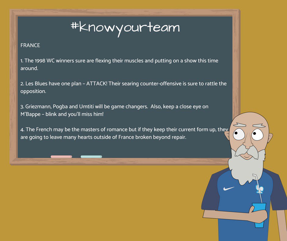 professorflique's tweet photo. In the interest of those who have just decided to crawl out from under their rocks to catch the World Cup quarter finals, I have decided to kick-start a #KmowYourTeam series that will bring you up to speed on the last teams standing. First up is France. #FRAURU #WorldCup https://t.co/vvnUTFutEi