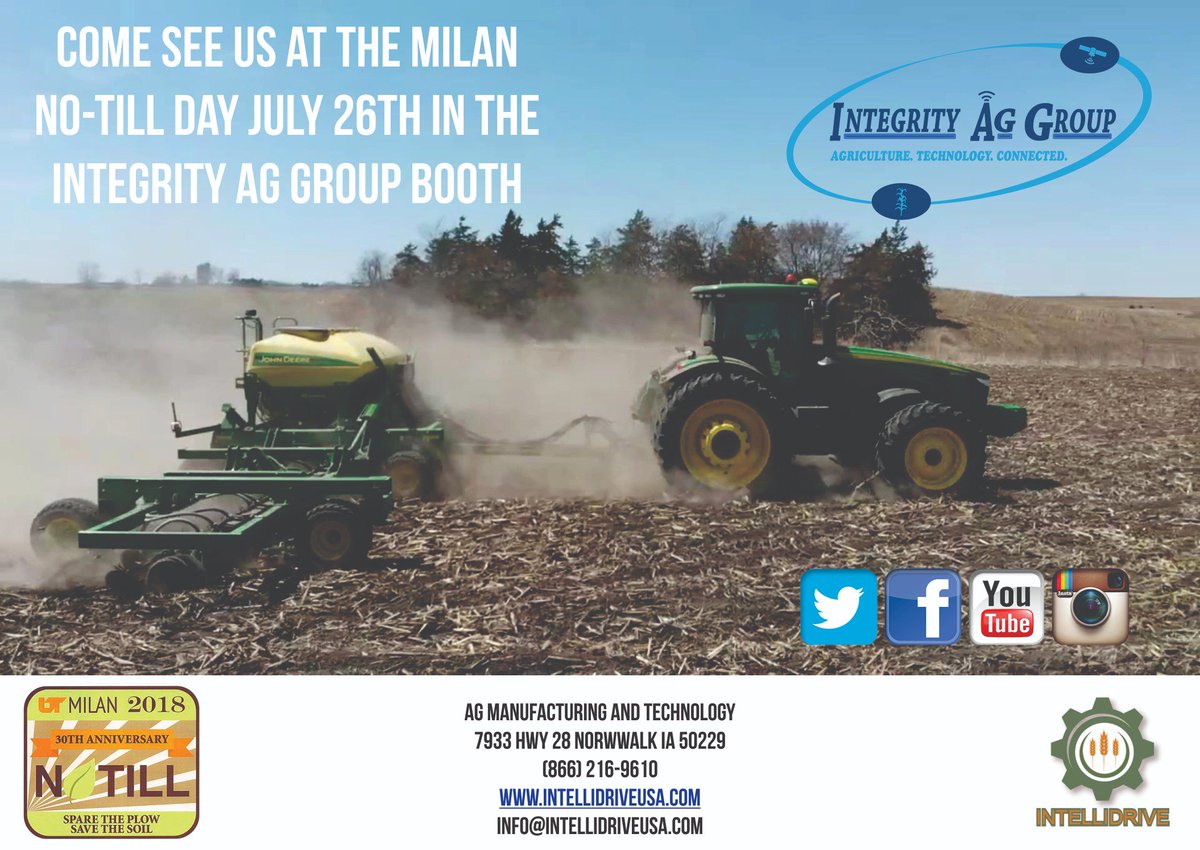 DriveIntelli's tweet photo. Come see us at the Milan No-Till Day Thursday July 26th in Milan, TN.  We will have a display setup in the @integrityprecag Booth.  We will show you how we can reduce your seed costs and improve yields all at the same time while using your existing air seeder! https://t.co/83X8wyyUAI