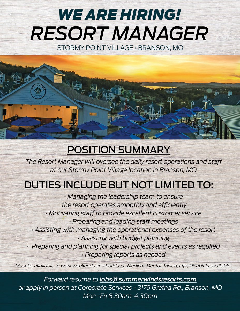 We are hiring in Branson, MO for Resort Manager. #resorts #Hospitality #career #branson #Hiring #vacationlifestyle