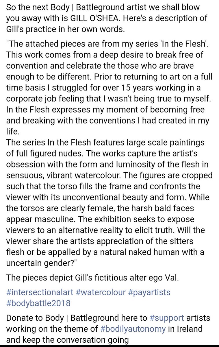 #bodybattle2018 be showing the stunning watercolour work of GILL O'SHEA. These images depict Gill's powerful alter ego 'Val', but we will be exhibiting yet unseen paintings by Gill. #DiversityandInclusion #bodypositiveart #intersectionalart