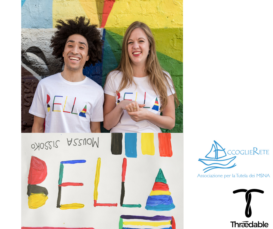 Thraedable's tweet photo. At the artshop we organised with @AccoglieRete, a minor painted Bella, a new Italian word he learnt. His vibrant #art inspired one of our 100% #organic t-shirts, gross profits of which we share with AccoglieRete. Wear his story and support a #NGO here: 
https://t.co/gsBImSHOwn https://t.co/ULVFRIjK08