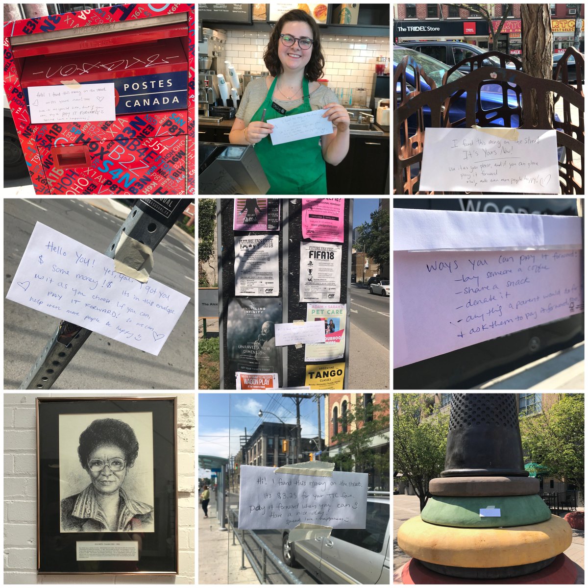 ariel_garten's tweet photo. After finding $110 on the sidewalk last week, thanks to everyone’s suggestions I decided to tape envelopes containing $5 bills randomly around the city with notes saying to #payitforward! Donated the rest to @evasinitiatives homeless youth shelter! @ZaynaKhayat #SpreadHappiness https://t.co/dsweoOr82X