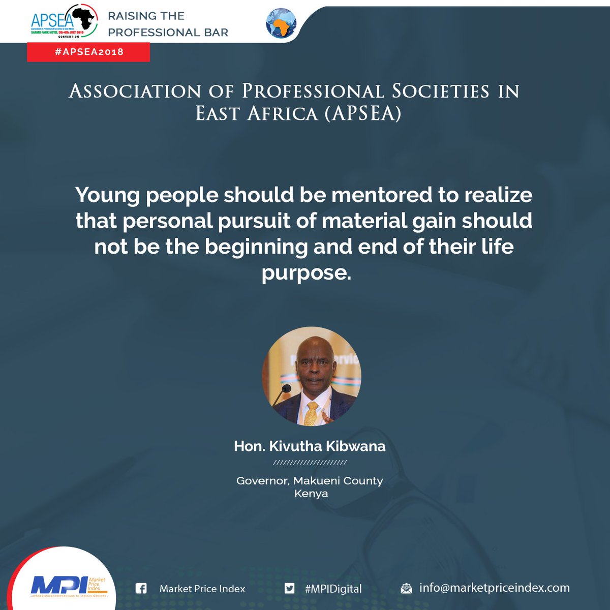 Vikmedia_'s tweet photo. "Young people should be mentored to realize that personal pursuit of  material gain should not be the beginning and end of their life purpose." @governorkibwana x @OfficialMakueni @mknassembly @apseakenya cc @KICDKenya @TSCKenya @AGOfficeKenya @KCA_KENYA #APSEA2018 #MPIDigital https://t.co/Pap5UtTBE6