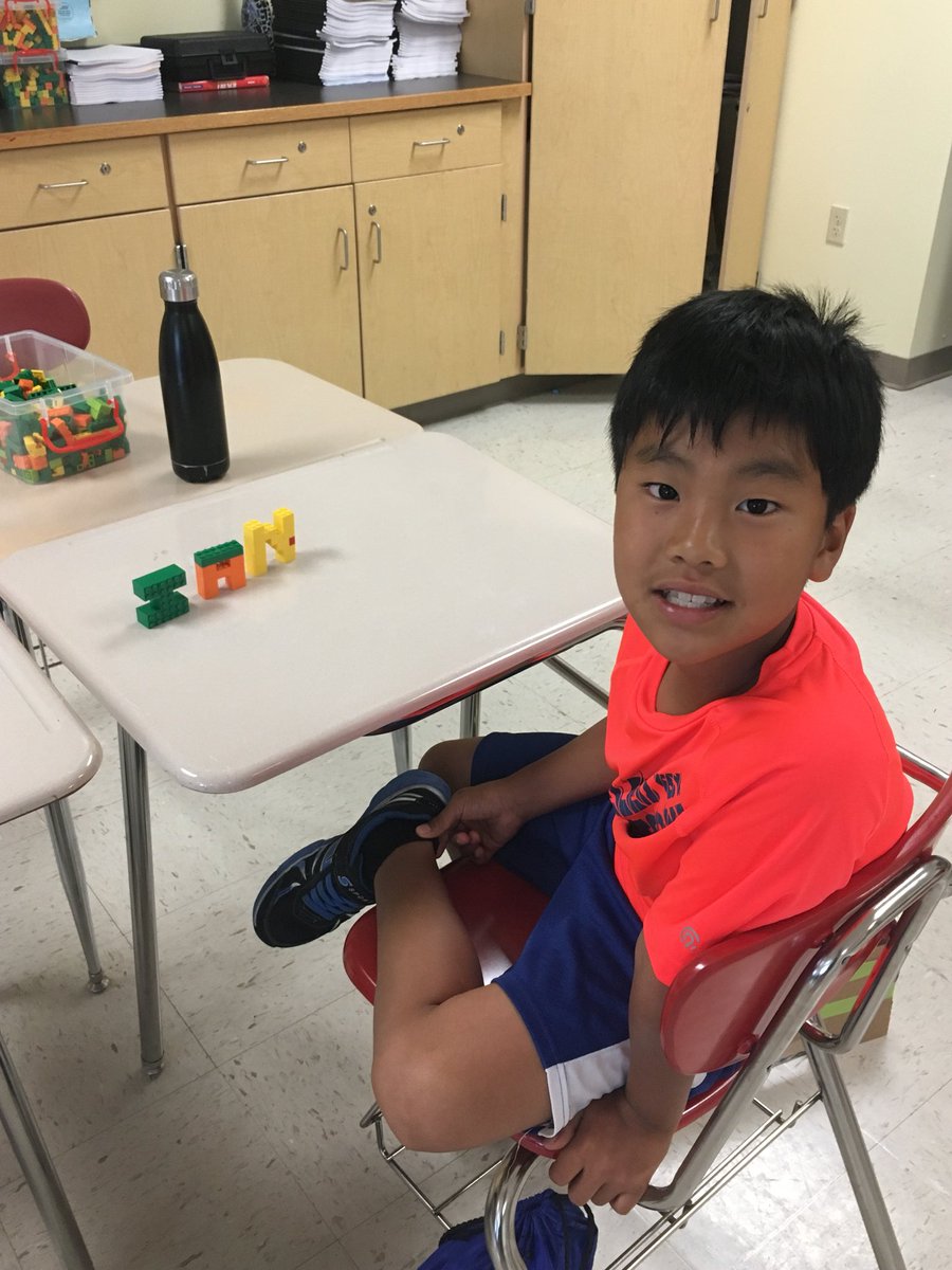Mrs_Yapkowitz's tweet photo. Today’s 5 minute challenge....build your name in legos! Well done boys! #steamcamp @Sciencediva14 https://t.co/OoD2HixhPy