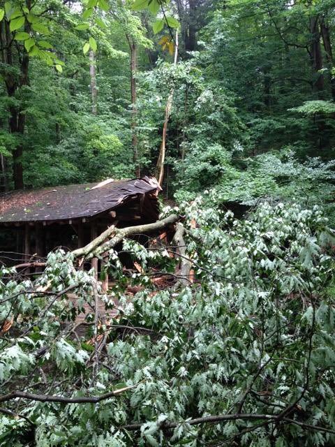 RunStackhouse's tweet image. Stackhouse needs your help more than ever!  The weather has caused many trees to fall including this one on the main pavilion.  Volunteers and donations are needed! #JohnstownPA #stackhousepark