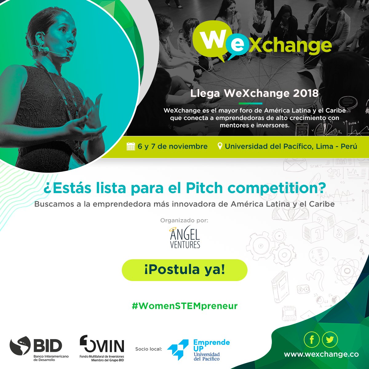 AngVenturesPeru's tweet photo. ¡Atención emprendedoras! Llega @WeXchange 2018 y la convocatoria al Pitch Competition para emprendedoras de América Latina y el Caribe. Buscamos a la emprendedora más innovadora de la región.
Postula aquí: https://t.co/NT1Dwu9xtT
*Cierre de convocatoria el 30 de julio https://t.co/R1oBPon3yM