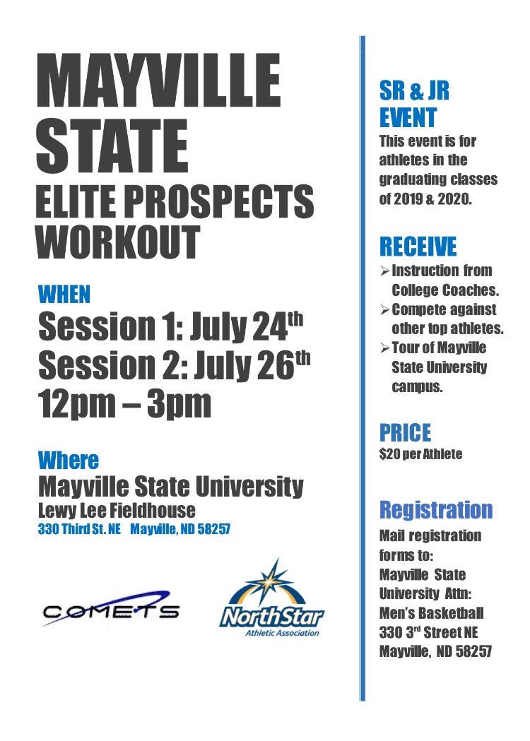 dk_kleinschmidt's tweet photo. 🔵⚪️ MSU Elite Prospects Workout— Register ASAP!!! #MayvilleMade #MSUcomets #CometsHoops 🔵⚪️ https://t.co/UmcusrSpvn