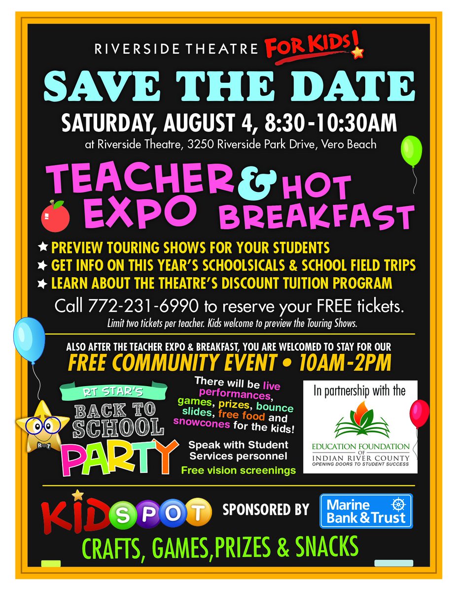 Less than a month away...R.T. Star's Back to School Party!  FREE family fun!  TEACHERS....join us for the hot breakfast and expo! @IRCSchools @RvrsideTheatre