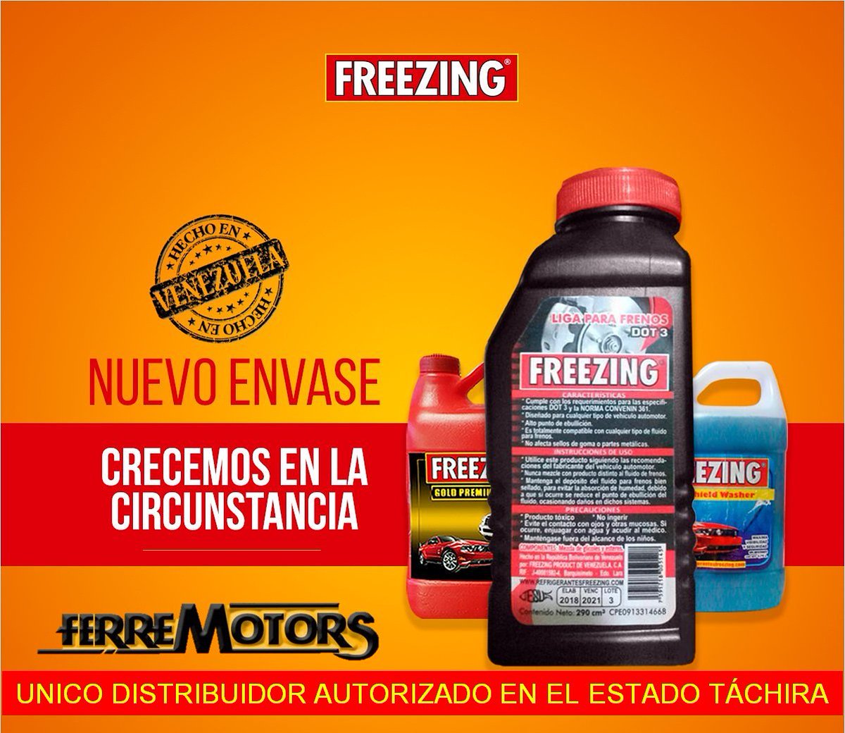 Ferremotor's tweet photo. Productos FREEZING (liga de frenos y refrigerante) los pueden conseguir en supermercados, venta de #lubricantes, ventas de #repuestos de todo el estado #Táchira 
Para ventas al #mayor 0414-713.03.73 https://t.co/lc1aJjom9d