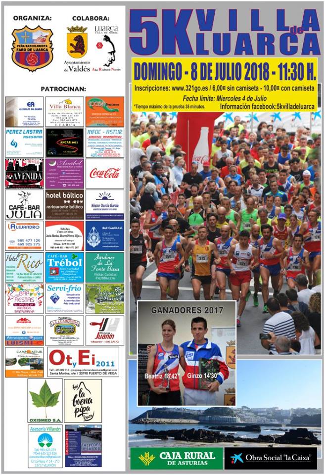 El próximo domingo día 8 de Julio, tendrá lugar en Luarca, a partir de  las 11:30 horas, la Prueba Deportiva “5K VILLA DE LUARCA", ¡anímate y ven! #LuarcaVilladeNobel #AyuntamientodeValdés