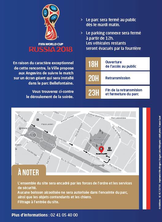 Angers's tweet photo. 🇧🇷 Brésil ou Belgique 🇧🇪 ? Rendez-vous sur grand écran pour la 1/2 finale, parc Bellefontaine #Angers mardi à 20h ! allez @equipedefrance la #dalleangevine vous accompagne #CoupeDuMonde2018 👍🏻 https://t.co/oBmOqSVRCl