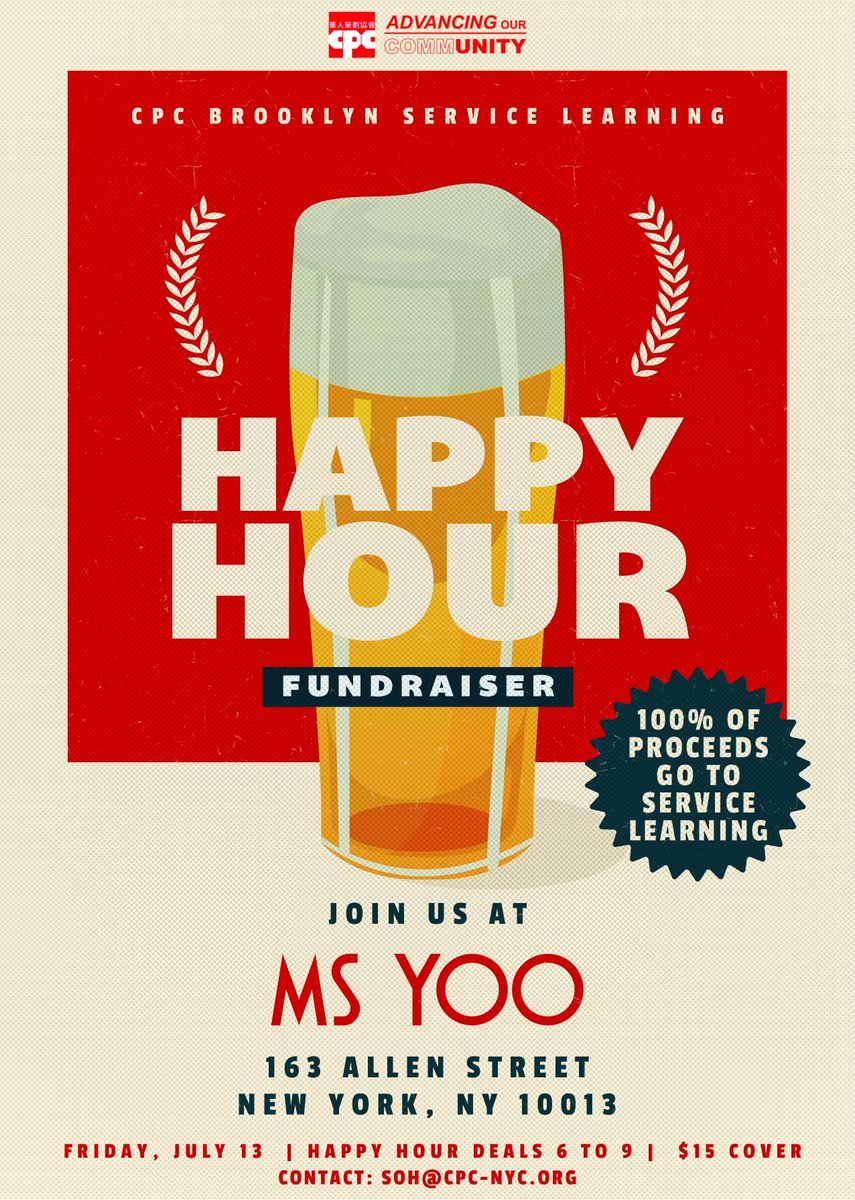 cpc_nyc's tweet photo. What are you doing next Friday? Join us for Happy Hour For A Cause! Support CPC's Service Learning Program (youth lead volunteer program) is looking for your support! $15 cover at Ms Yoo 7/13/2018 6-9PM #happyhourforacause https://t.co/pUMMVAx2MP https://t.co/3aCJ5CsV9G