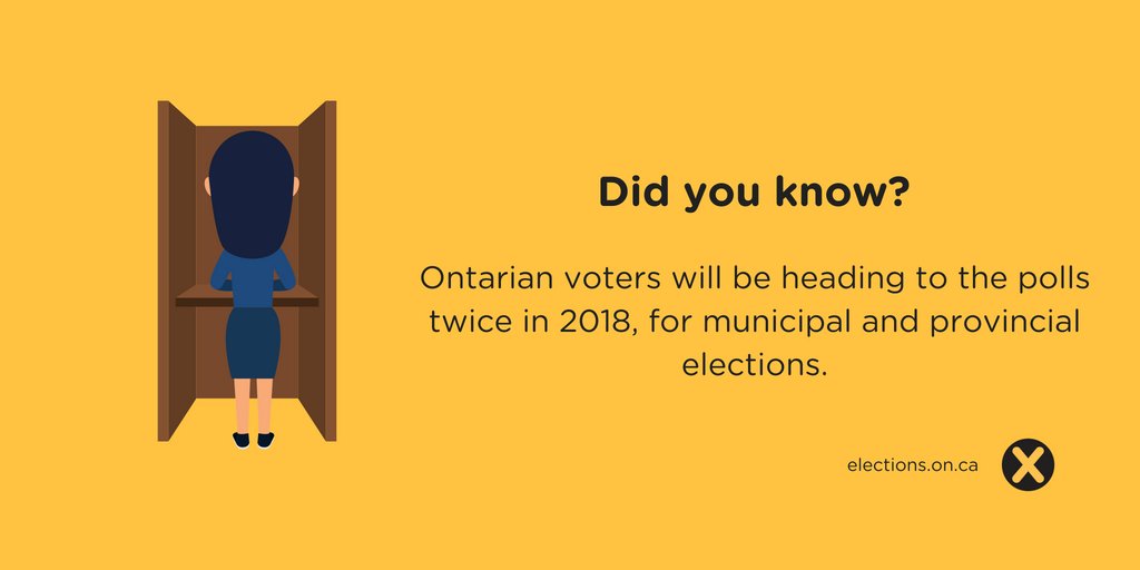 ElectionsON's tweet photo. Did you know that Ontario voters will head to the polls twice in 2018? Provincial and municipal elections are anticipated in the same year! #DYK #WeMakeVotingEasy https://t.co/a3irETRb37