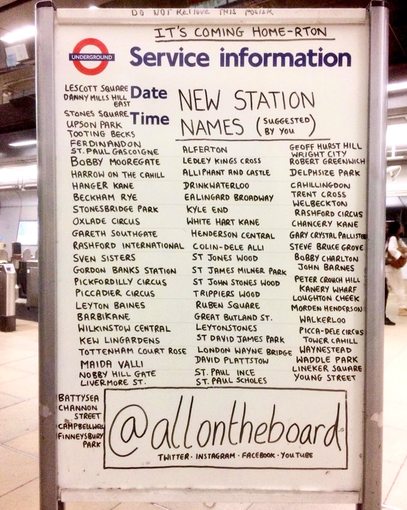 So after we changed Southgate station to Gareth Southgate station, we asked you lovely people for more suggestions. Bosh! <a href="/allontheboard/">All On The Board</a> <a href="/England/">England</a> <a href="/FIFAWorldCup/">FIFA World Cup</a> #WorldCup⁠ ⁠#EnglandvSweden #GarethSouthgate #ENGSWE #London #England #3Lions #fridayfeeling #itscominghome #worldcup