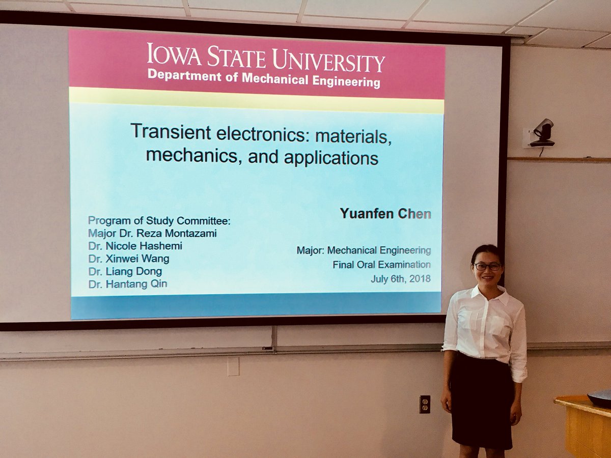 rmontazami's tweet photo. Congratulations to Yuanfen Chen for successfully defending her final doctoral dissertation. In the Fall she will be starting her independent career as a #tenure_track #assistant_professor of #mechanical_engineering. Very proud of my research group @ISU_ME https://t.co/qlpYtxrwtb