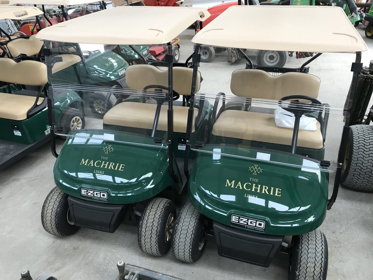 TheMachrie's tweet photo. The new fleet of golf buggies have arrived and are available for hire. Looking splendid in the sunshine with the new logo #AtTheMachrie https://t.co/AW4orq4eBa