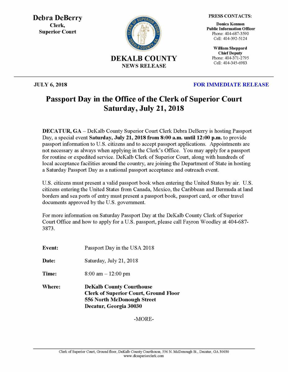 DKSuperiorClerk's tweet photo. Join us for Passport Day in the Office of the Clerk of Superior Court, DeKalb County
Saturday, July 21, 2018 8:00AM - 12:00PM https://t.co/fxFoTLi8Hm