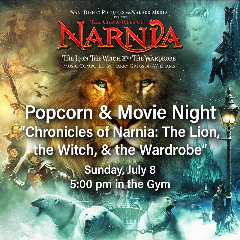 wsbcjonesboro's tweet photo. Summer Sunday Nights
July 8: Popcorn &amp; Movie Night
“The Chronicles of Narnia: The Lion, the Witch, &amp; the Wardrobe”
5:00 pm in the Gym https://t.co/gVKUefEj8w
