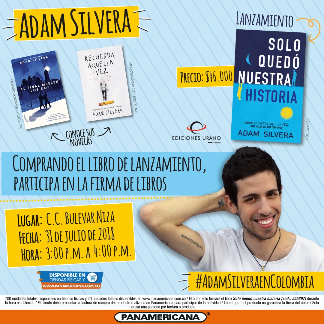 PanamericanaLib's tweet photo. ¡Una historia apasionadamente honesta! Encuentra desde HOY en nuestras tiendas “Solo quedó nuestra historia”, un libro profundo y desgarrador, que solo puede ser escrito por @AdamSilvera. Llévalo a casa y participa en su firma de libros el próximo 31 de Julio en @BulevarCC. https://t.co/ExW5KSpfuZ