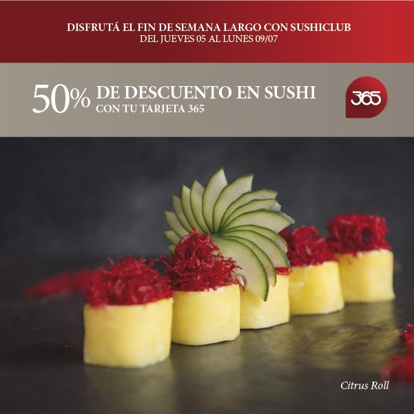 Fin de semana largo! Beneficio exclusivo para socios <a href="/clarin365/">Tarjeta 365</a> 
👉🏻 50% de descuento en porciones y combinados de sushi.

RESERVAS: 0810-222-SUSHI (7874)

Bases y condiciones: sushiclub.com.ar/beneficios

#SushiClub #SaliraComer #SaliraDisfrutar