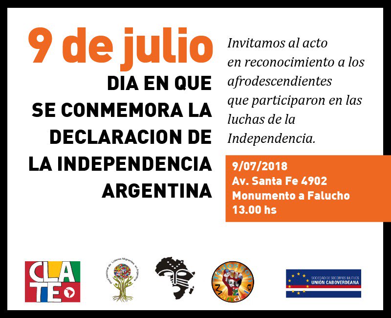JulioDFuentes's tweet photo. Los invitamos este lunes 9 de Julio al homenaje que como @EstatalesCLATE daremos a nuestros afrodescendientes que dieron su sangre por la Independencia. Será en la Plaza del Negro Falucho, a las 13 horas, en avenida Santa Fe 4902. https://t.co/wl64PTKRVP