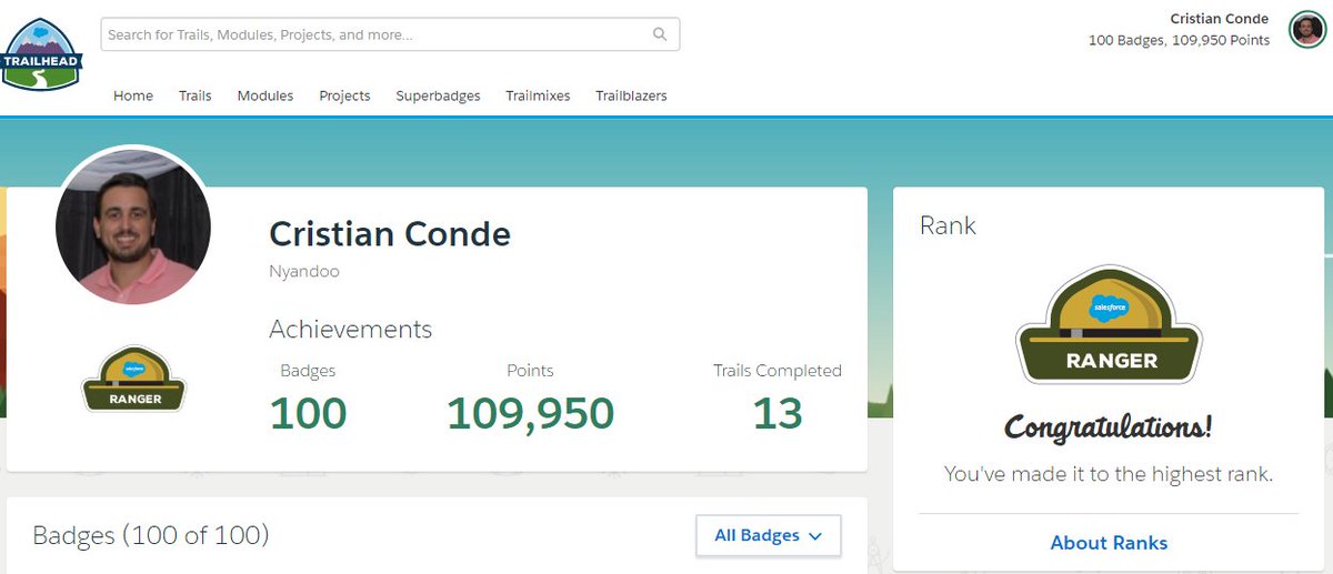 _CristianConde's tweet photo. It's official, I'm now a @trailhead  #ranger! Thanks @onurcaglayan and @p2kLabs  for the support! #Salesforce #trailhead https://t.co/FKVHeihPp3